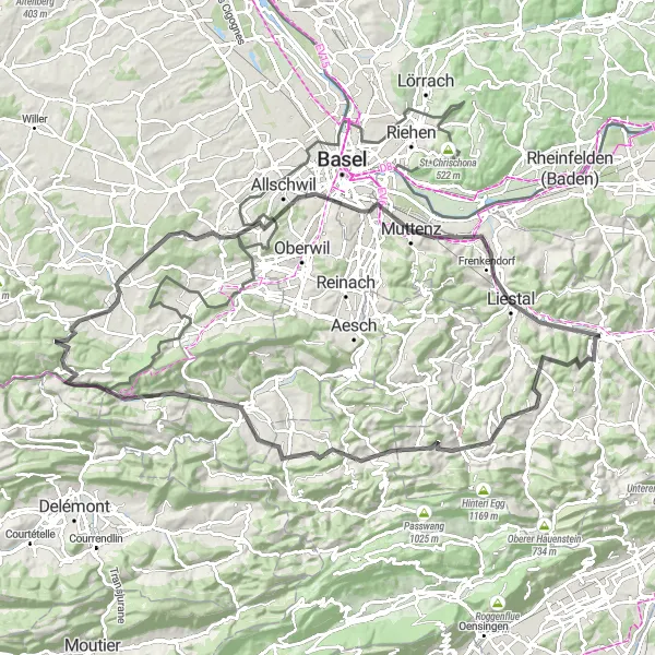 Miniatua del mapa de inspiración ciclista "Ruta en Carretera por Nordwestschweiz" en Nordwestschweiz, Switzerland. Generado por Tarmacs.app planificador de rutas ciclistas