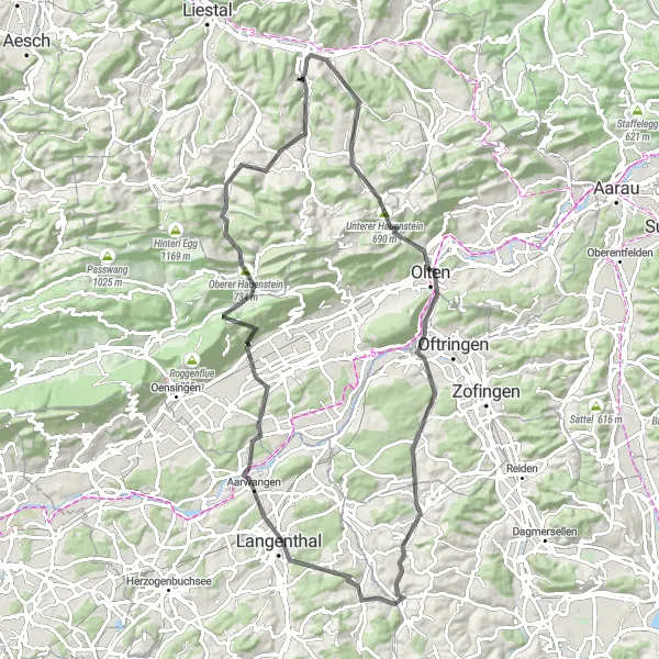 Miniatura della mappa di ispirazione al ciclismo "Tour delle colline di Nordwestschweiz" nella regione di Nordwestschweiz, Switzerland. Generata da Tarmacs.app, pianificatore di rotte ciclistiche