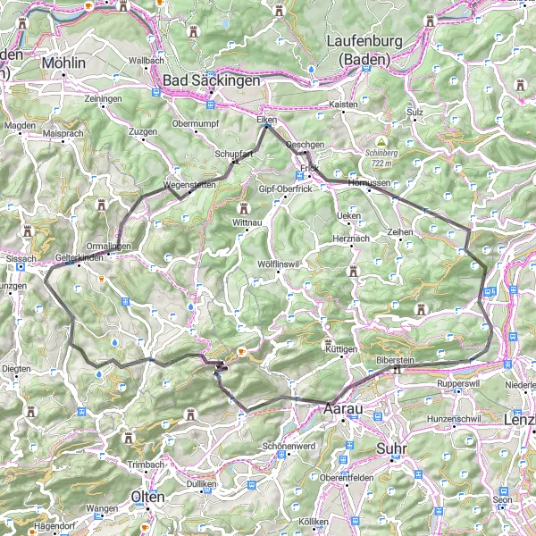 Miniatura della mappa di ispirazione al ciclismo "Scorci panoramici e passaggi suggestivi" nella regione di Nordwestschweiz, Switzerland. Generata da Tarmacs.app, pianificatore di rotte ciclistiche