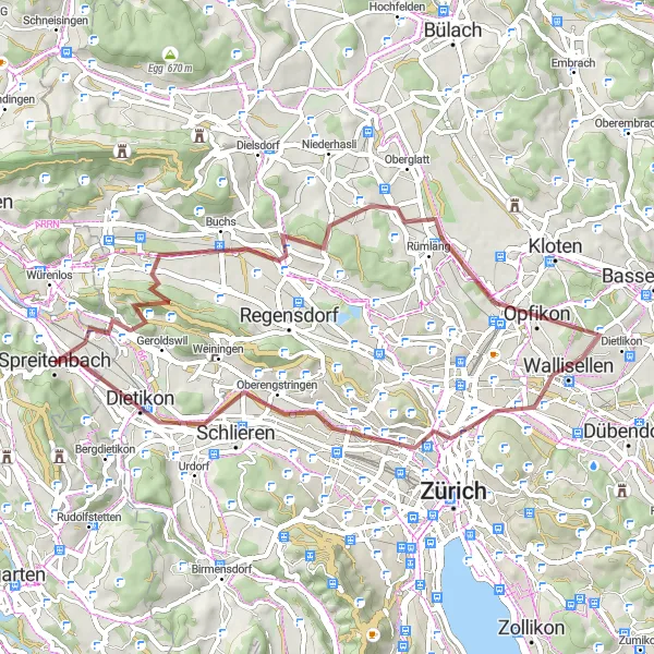 Mapa miniatúra "Gravelový okruh cez Wallisellen a Chäferberg" cyklistická inšpirácia v Nordwestschweiz, Switzerland. Vygenerované cyklistickým plánovačom trás Tarmacs.app