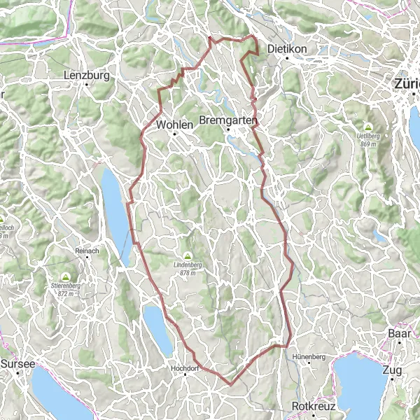 Miniaturekort af cykelinspirationen "Heitersberg til Hitzkirch Gravel Tour" i Nordwestschweiz, Switzerland. Genereret af Tarmacs.app cykelruteplanlægger