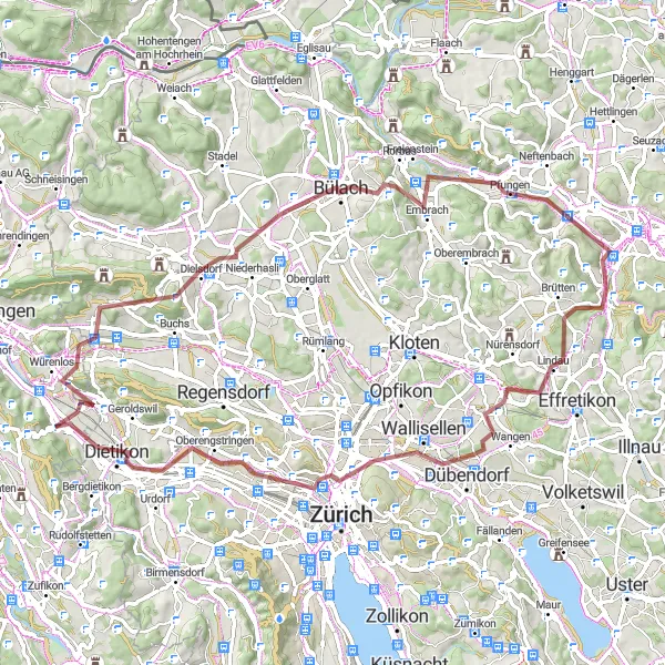 Miniature de la carte de l'inspiration cycliste "À la découverte de l'arrière-pays de Dietikon" dans la Nordwestschweiz, Switzerland. Générée par le planificateur d'itinéraire cycliste Tarmacs.app