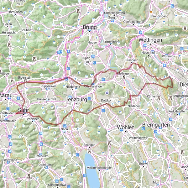 Miniaturekort af cykelinspirationen "Spreitenbach til Kreuz Fislisbach Grusvej Rundtur" i Nordwestschweiz, Switzerland. Genereret af Tarmacs.app cykelruteplanlægger