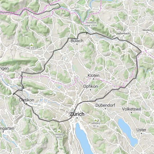 Mapa miniatúra "Cyklovýlet kolem Spreitenbachu" cyklistická inšpirácia v Nordwestschweiz, Switzerland. Vygenerované cyklistickým plánovačom trás Tarmacs.app