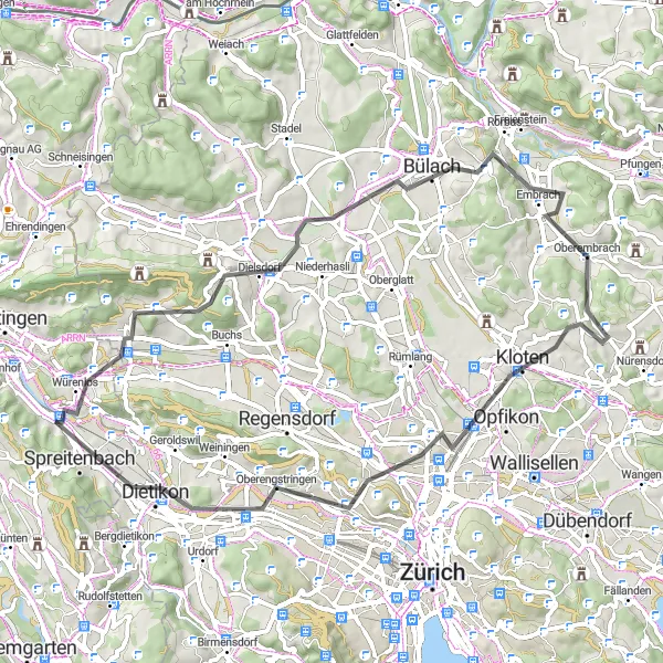 Mapa miniatúra "Okruh cez Regensberg a Kloten" cyklistická inšpirácia v Nordwestschweiz, Switzerland. Vygenerované cyklistickým plánovačom trás Tarmacs.app