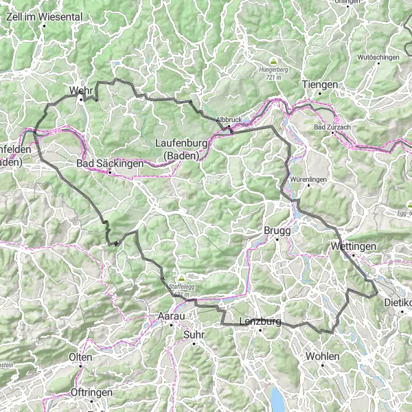 Mapa miniatúra "Významné cyklistické trasy okolo Spreitenbachu" cyklistická inšpirácia v Nordwestschweiz, Switzerland. Vygenerované cyklistickým plánovačom trás Tarmacs.app
