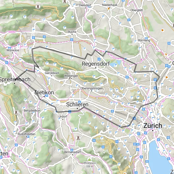 Miniatura della mappa di ispirazione al ciclismo "Giro in bicicletta da Spreitenbach: Tour delle città e colline circostanti" nella regione di Nordwestschweiz, Switzerland. Generata da Tarmacs.app, pianificatore di rotte ciclistiche