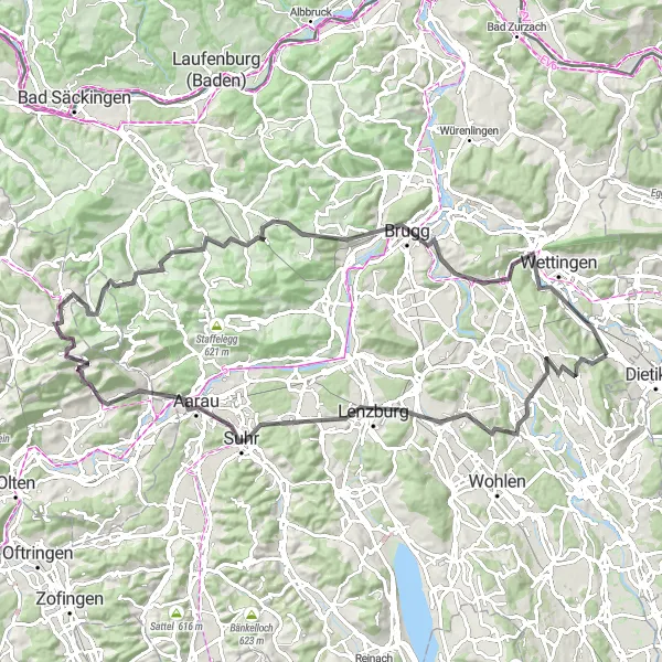 Miniatura della mappa di ispirazione al ciclismo "Tour epico di 99 km attraverso le montagne vicino a Spreitenbach" nella regione di Nordwestschweiz, Switzerland. Generata da Tarmacs.app, pianificatore di rotte ciclistiche