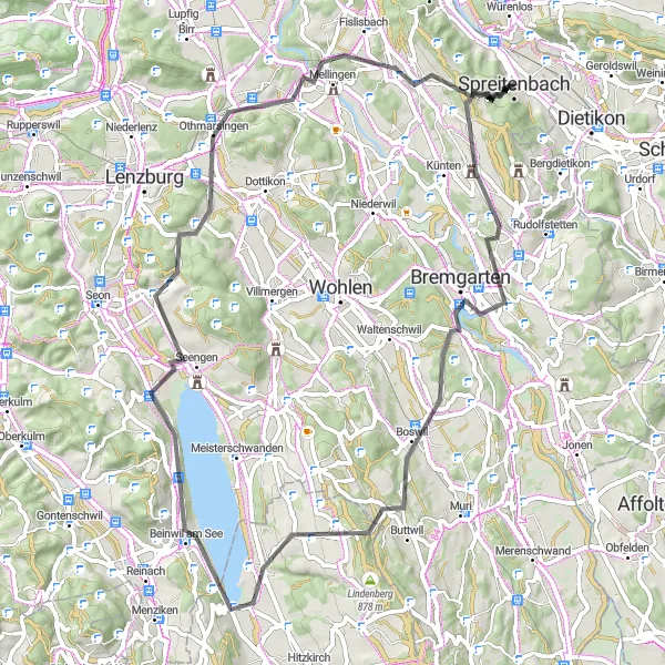 Miniatura della mappa di ispirazione al ciclismo "Giro panoramico di 68 km da Spreitenbach" nella regione di Nordwestschweiz, Switzerland. Generata da Tarmacs.app, pianificatore di rotte ciclistiche