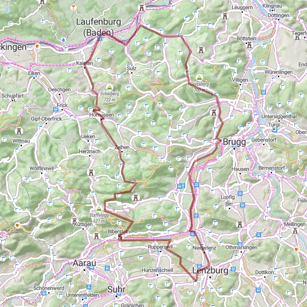 Map miniature of "Gravel Adventure Through Rupperswil and Laufenburg" cycling inspiration in Nordwestschweiz, Switzerland. Generated by Tarmacs.app cycling route planner