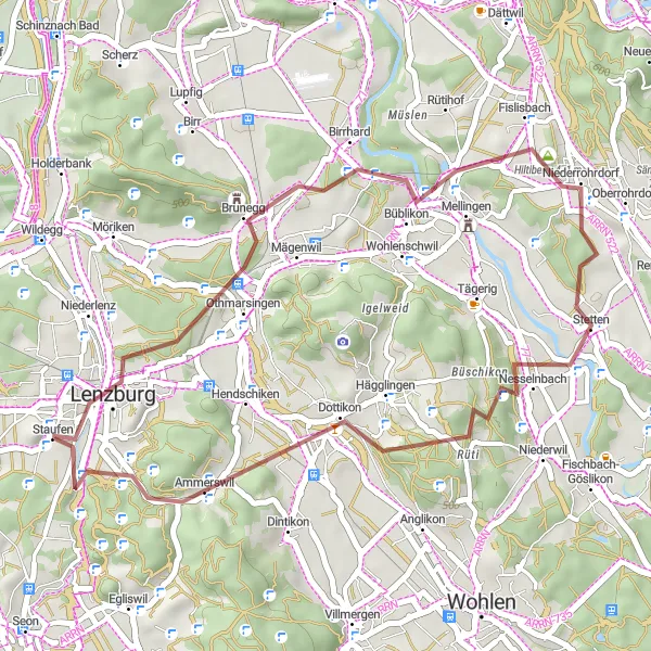 Mapa miniatúra "Gravel Bike Staufen Loop" cyklistická inšpirácia v Nordwestschweiz, Switzerland. Vygenerované cyklistickým plánovačom trás Tarmacs.app