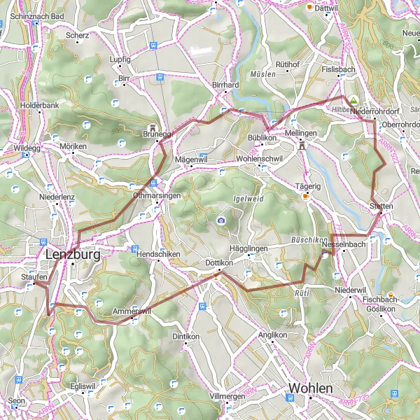 Miniatura della mappa di ispirazione al ciclismo "Giro in Bicicletta Gravel Staufen – Heideburg" nella regione di Nordwestschweiz, Switzerland. Generata da Tarmacs.app, pianificatore di rotte ciclistiche