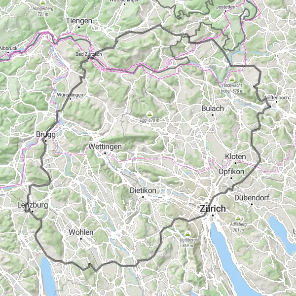 Miniaturekort af cykelinspirationen "Staufen til Lenzburg Loop" i Nordwestschweiz, Switzerland. Genereret af Tarmacs.app cykelruteplanlægger