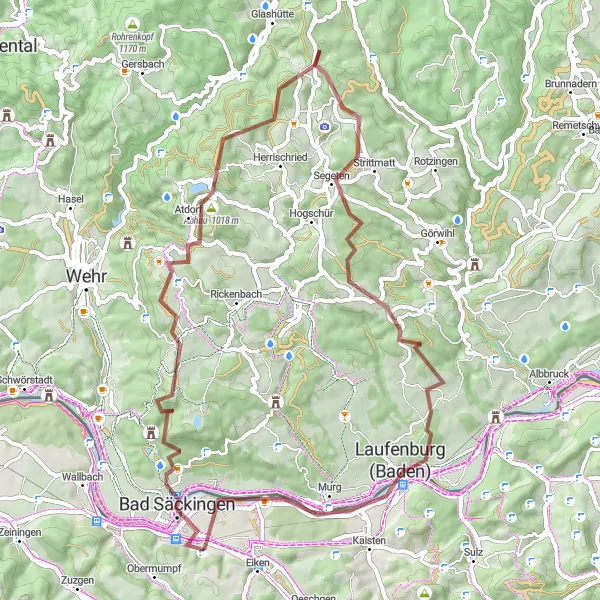 Miniatura della mappa di ispirazione al ciclismo "Giro in bicicletta Bad Säckingen - Sisseln" nella regione di Nordwestschweiz, Switzerland. Generata da Tarmacs.app, pianificatore di rotte ciclistiche