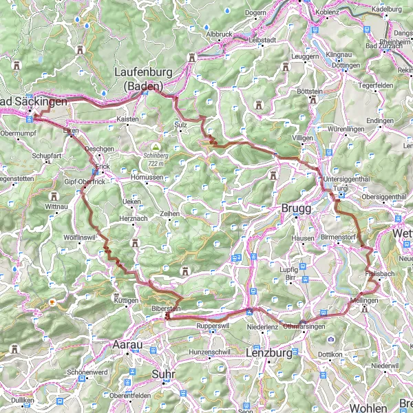 Zemljevid v pomanjšavi "Razgiban kolesarski izlet blizu Steina" kolesarske inspiracije v Nordwestschweiz, Switzerland. Generirano z načrtovalcem kolesarskih poti Tarmacs.app