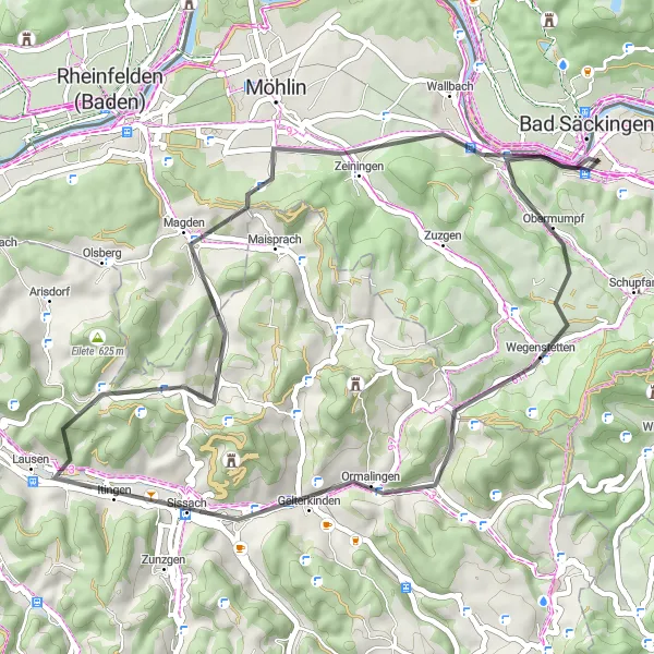 Mapa miniatúra "Krátka cyklotúra cez Bad Säckingen a Aussichtsturm Sonnenberg" cyklistická inšpirácia v Nordwestschweiz, Switzerland. Vygenerované cyklistickým plánovačom trás Tarmacs.app