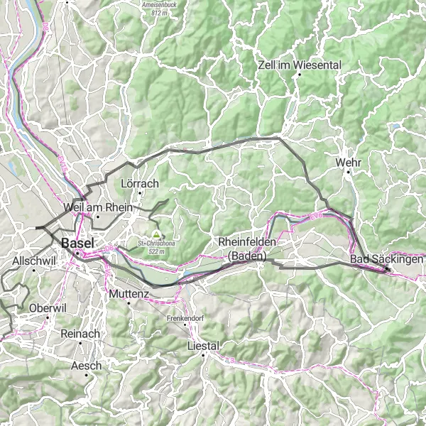 Miniatua del mapa de inspiración ciclista "Aventura en las colinas de Basilea" en Nordwestschweiz, Switzerland. Generado por Tarmacs.app planificador de rutas ciclistas