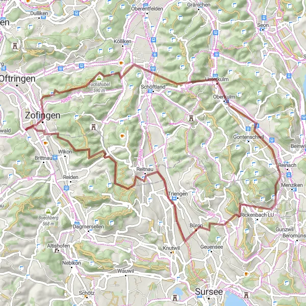 Miniatura della mappa di ispirazione al ciclismo "Giro Gravel da Strengelbach a Zofingen" nella regione di Nordwestschweiz, Switzerland. Generata da Tarmacs.app, pianificatore di rotte ciclistiche
