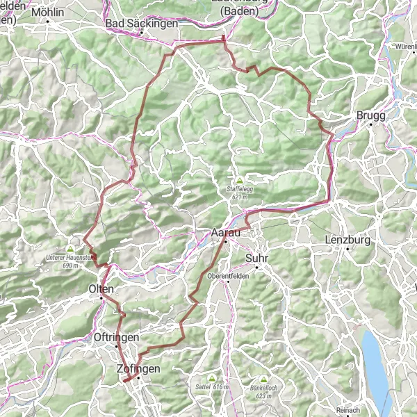 Miniatura della mappa di ispirazione al ciclismo "Esplorazione in bicicletta tra sentieri sterrati della Svizzera Nordovest" nella regione di Nordwestschweiz, Switzerland. Generata da Tarmacs.app, pianificatore di rotte ciclistiche