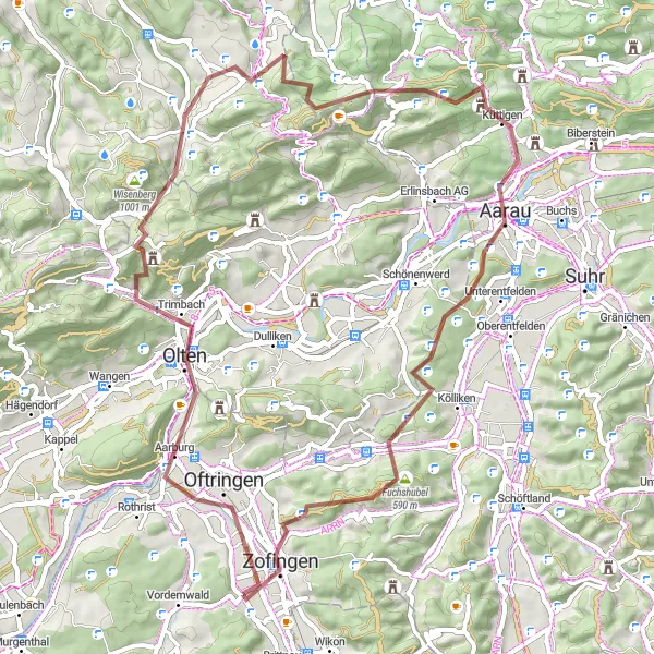 Map miniature of "Off-Road Adventure to Oftringen" cycling inspiration in Nordwestschweiz, Switzerland. Generated by Tarmacs.app cycling route planner