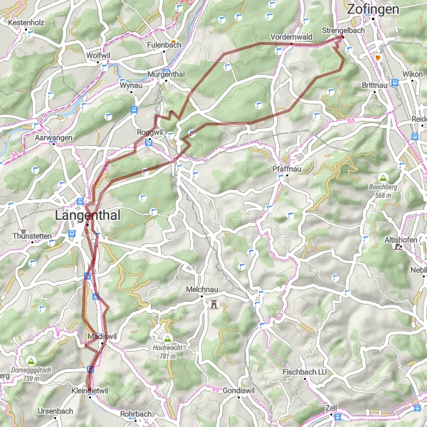Miniatua del mapa de inspiración ciclista "Descubriendo la campiña cerca de Strengelbach" en Nordwestschweiz, Switzerland. Generado por Tarmacs.app planificador de rutas ciclistas