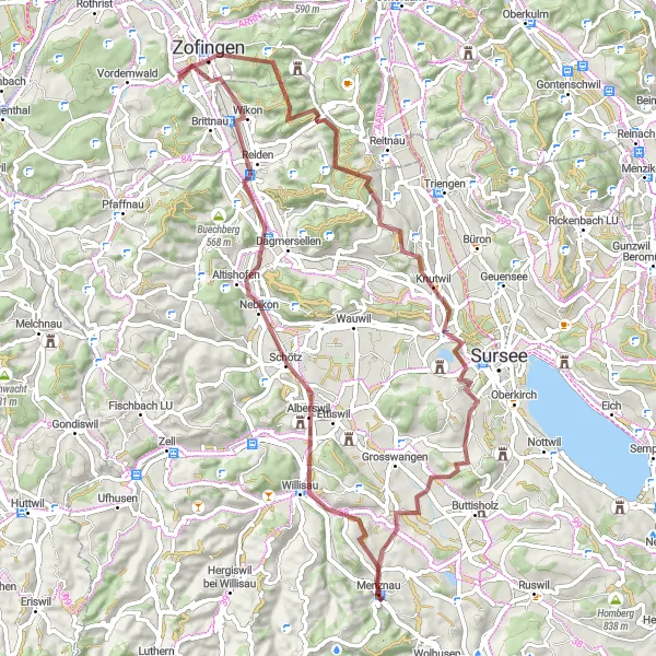 Kartminiatyr av "Grusväg äventyr genom Willisau och Zofingen" cykelinspiration i Nordwestschweiz, Switzerland. Genererad av Tarmacs.app cykelruttplanerare