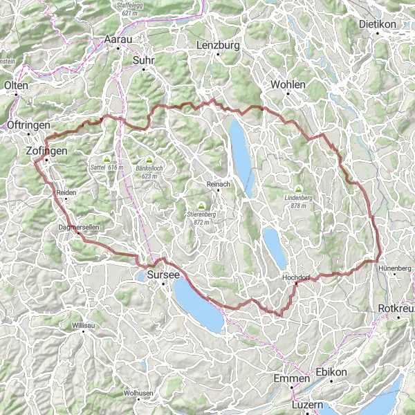 Miniatuurkaart van de fietsinspiratie "Gravelroute naar Sempach vanaf Strengelbach" in Nordwestschweiz, Switzerland. Gemaakt door de Tarmacs.app fietsrouteplanner