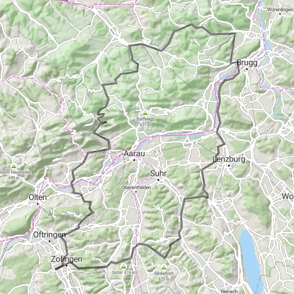 Map miniature of "Zofingen Circuit" cycling inspiration in Nordwestschweiz, Switzerland. Generated by Tarmacs.app cycling route planner