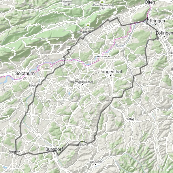 Zemljevid v pomanjšavi "Breathtaking Road Trip Vordemwald-Aarburg" kolesarske inspiracije v Nordwestschweiz, Switzerland. Generirano z načrtovalcem kolesarskih poti Tarmacs.app