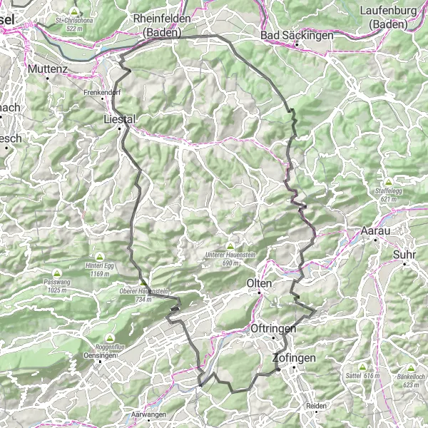 Kartminiatyr av "Challenging road route through Murgenthal and Rheinfelden" cykelinspiration i Nordwestschweiz, Switzerland. Genererad av Tarmacs.app cykelruttplanerare