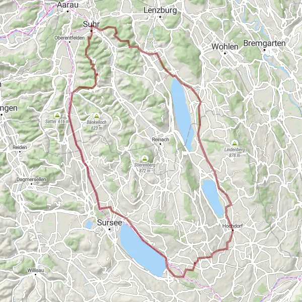 Miniatura della mappa di ispirazione al ciclismo "Gravel Route: Suhr - Lake Sempach - Suhrechopf" nella regione di Nordwestschweiz, Switzerland. Generata da Tarmacs.app, pianificatore di rotte ciclistiche