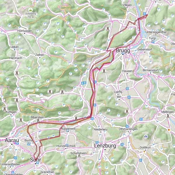 Map miniature of "Suhr Gravel Adventure" cycling inspiration in Nordwestschweiz, Switzerland. Generated by Tarmacs.app cycling route planner