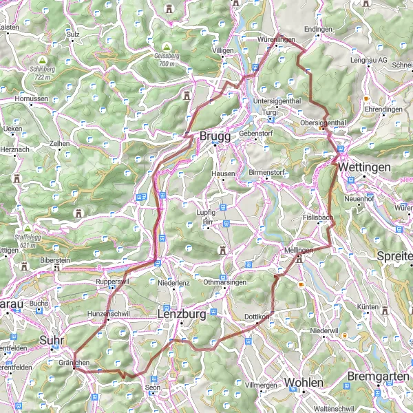 Miniatuurkaart van de fietsinspiratie "Gravelroute rond Suhr" in Nordwestschweiz, Switzerland. Gemaakt door de Tarmacs.app fietsrouteplanner