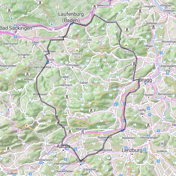 Mapa miniatúra "Po stopách histórie okolo Aarau" cyklistická inšpirácia v Nordwestschweiz, Switzerland. Vygenerované cyklistickým plánovačom trás Tarmacs.app