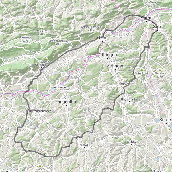 Map miniature of "Suhr to Uerkheim" cycling inspiration in Nordwestschweiz, Switzerland. Generated by Tarmacs.app cycling route planner