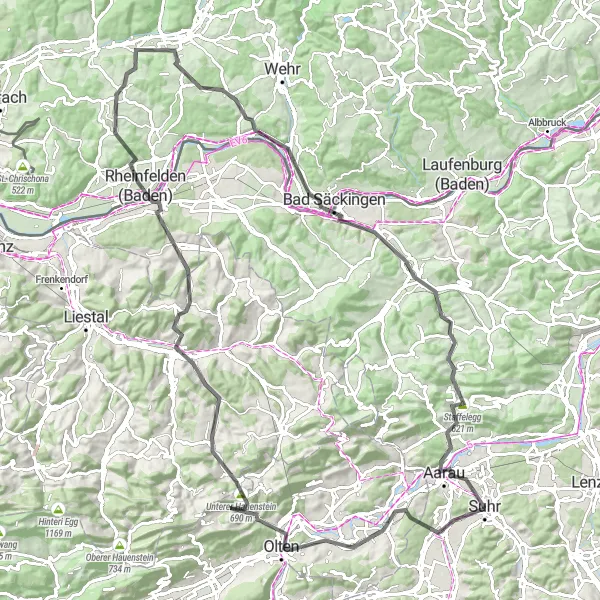 Miniatua del mapa de inspiración ciclista "Ruta en carretera de Suhr a Aarau y regreso" en Nordwestschweiz, Switzerland. Generado por Tarmacs.app planificador de rutas ciclistas