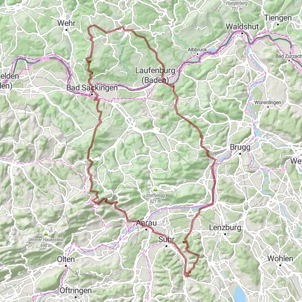 Miniatura della mappa di ispirazione al ciclismo "Avventurosa rotta di ciclismo su sterrato da Teufenthal" nella regione di Nordwestschweiz, Switzerland. Generata da Tarmacs.app, pianificatore di rotte ciclistiche