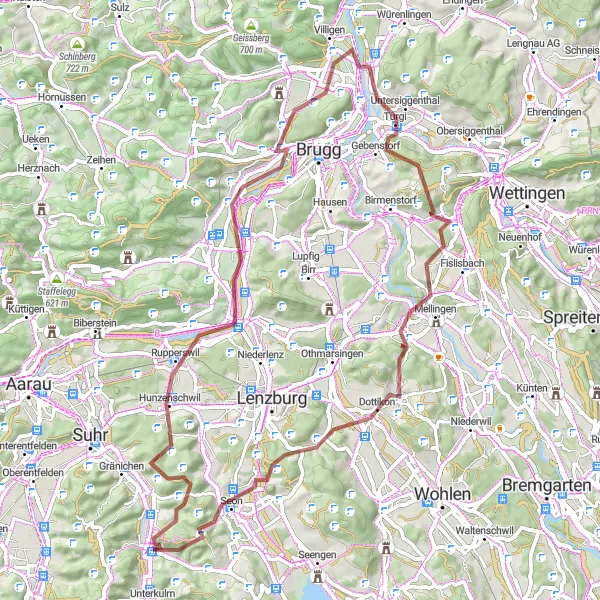 Map miniature of "Gravel Adventure near Teufenthal" cycling inspiration in Nordwestschweiz, Switzerland. Generated by Tarmacs.app cycling route planner