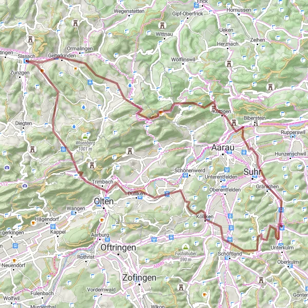 Miniatura della mappa di ispirazione al ciclismo "Avventura in Gravel tra boschi e montagne" nella regione di Nordwestschweiz, Switzerland. Generata da Tarmacs.app, pianificatore di rotte ciclistiche