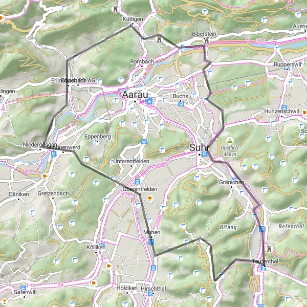 Miniatura della mappa di ispirazione al ciclismo "Percorso panoramico tra colline e paesaggi" nella regione di Nordwestschweiz, Switzerland. Generata da Tarmacs.app, pianificatore di rotte ciclistiche