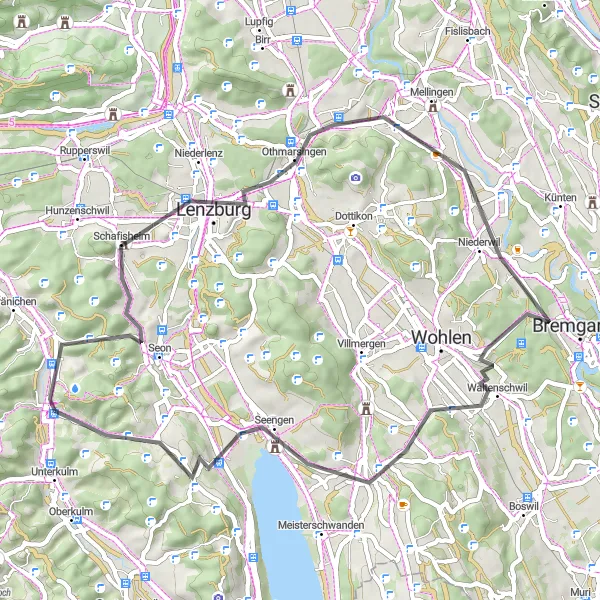 Miniatura della mappa di ispirazione al ciclismo "Meraviglie naturali e culturali in bicicletta" nella regione di Nordwestschweiz, Switzerland. Generata da Tarmacs.app, pianificatore di rotte ciclistiche