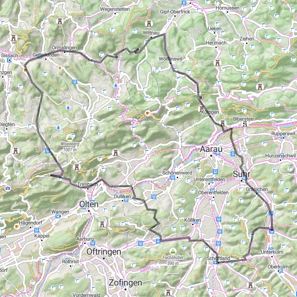 Miniatura della mappa di ispirazione al ciclismo "Stupendi panorami sulla valle del Reno" nella regione di Nordwestschweiz, Switzerland. Generata da Tarmacs.app, pianificatore di rotte ciclistiche