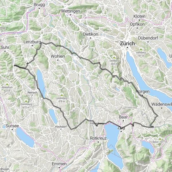 Kartminiatyr av "Teufenthal - Zug Road Tour" cykelinspiration i Nordwestschweiz, Switzerland. Genererad av Tarmacs.app cykelruttplanerare