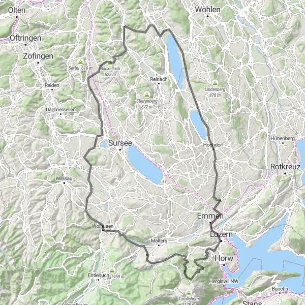 Miniatura della mappa di ispirazione al ciclismo "Tour panoramico delle Alpi Lucerne - Grigioni" nella regione di Nordwestschweiz, Switzerland. Generata da Tarmacs.app, pianificatore di rotte ciclistiche