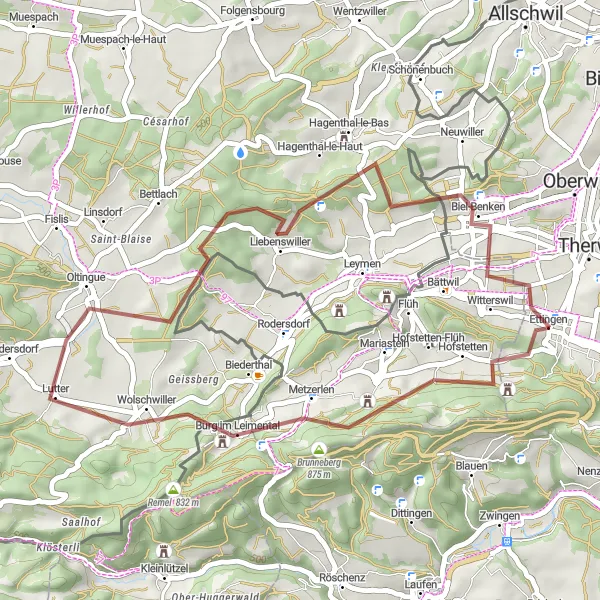Map miniature of "Jura Hills Loop" cycling inspiration in Nordwestschweiz, Switzerland. Generated by Tarmacs.app cycling route planner