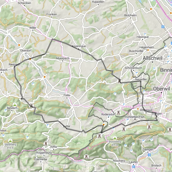 Kartminiatyr av "Therwil - Wolschwiller - Rossberg - Riespach - Hagenthal-le-Haut - Biel-Benken Rundtur" cykelinspiration i Nordwestschweiz, Switzerland. Genererad av Tarmacs.app cykelruttplanerare