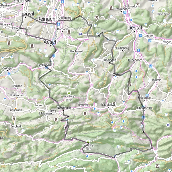 Miniaturekort af cykelinspirationen "Rundtur fra Therwil til Passwang" i Nordwestschweiz, Switzerland. Genereret af Tarmacs.app cykelruteplanlægger