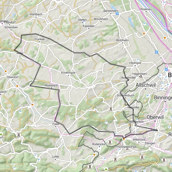 Miniaturekort af cykelinspirationen "Buschwiller Scenic Ride" i Nordwestschweiz, Switzerland. Genereret af Tarmacs.app cykelruteplanlægger