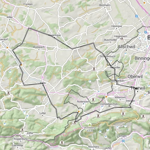 Kartminiatyr av "Therwil - Biederthal - Fislis - Durmenach - Knœringue - Neuwiller Rundtur" cykelinspiration i Nordwestschweiz, Switzerland. Genererad av Tarmacs.app cykelruttplanerare