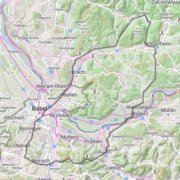 Miniatua del mapa de inspiración ciclista "Ruta de Carretera Basel-Reinach" en Nordwestschweiz, Switzerland. Generado por Tarmacs.app planificador de rutas ciclistas